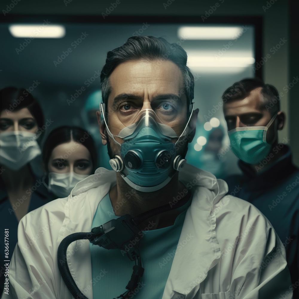 Portrait of serious male doctor in medical mask and uniform while standing in hospital hallway Portrait of serious male doctor in medical mask and uniform while standing in hospital hallway