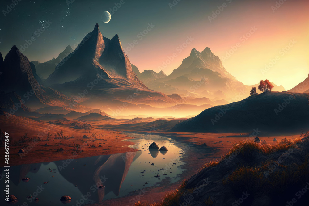 Mountain landscape with lake, snowy peaks Mountain landscape with lake, snowy peaks