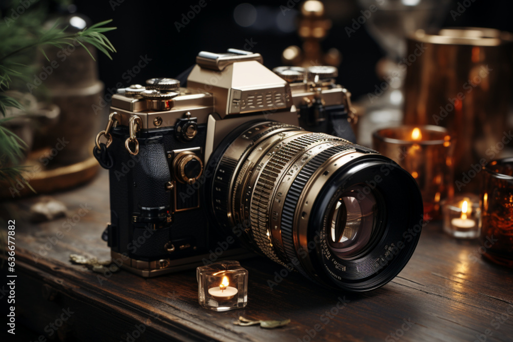 A camera on the table, vintage camera on black background