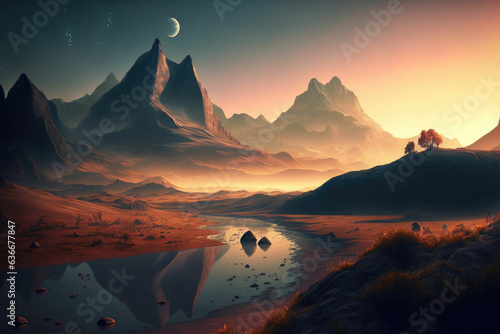 Mountain landscape with lake, snowy peaks