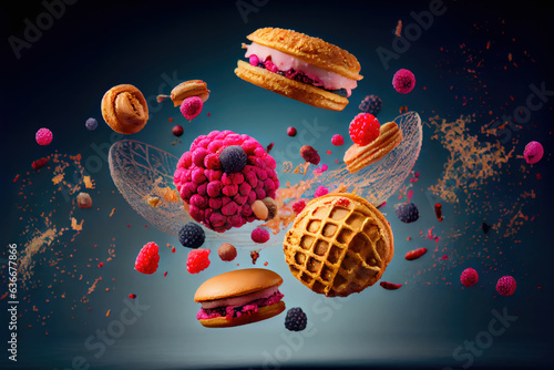 Holiday sweet food banner with flying cake macaron macaroon blue background. testy healthy dessert. colorful