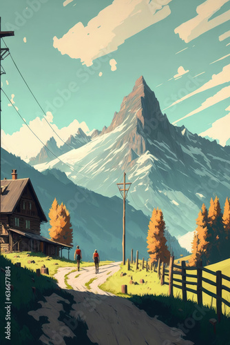 Peaceful mountain village, flat style illustration