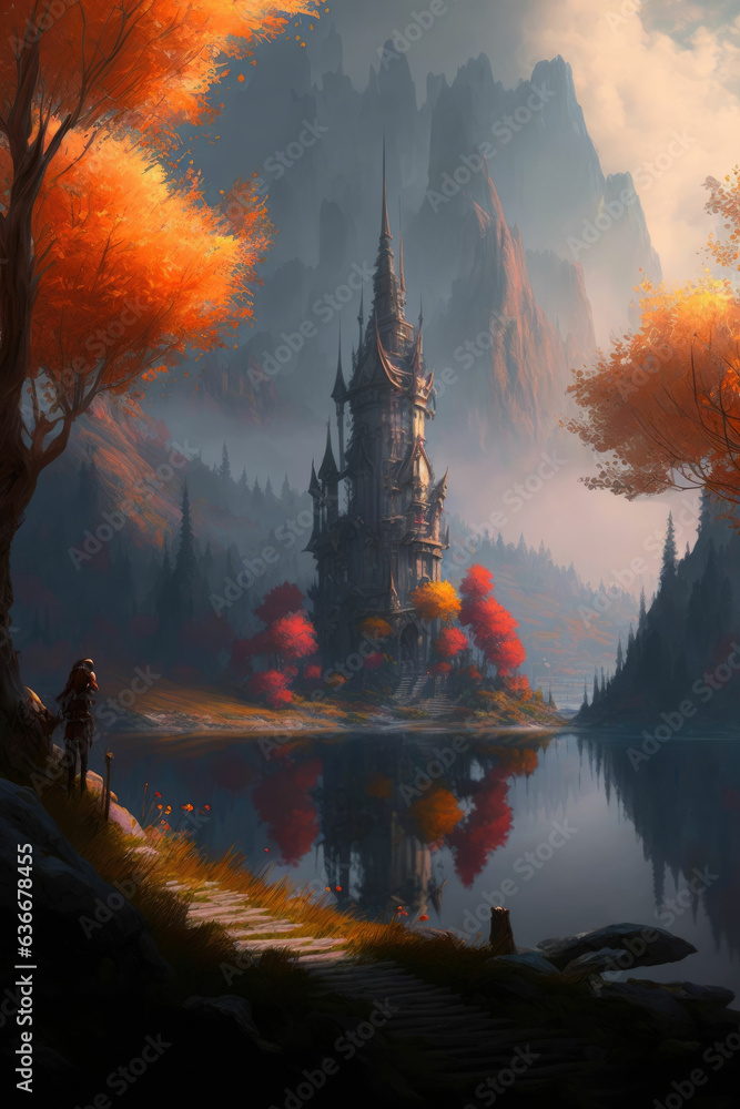Beautiful magical landscape, fantasy medieval castle reflected symmetrically in serene lake