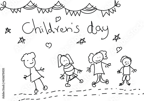 Happy Children's Day. Children Art style drawing with pencils sketch. Vector inscription and funny kids