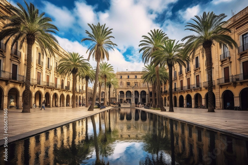 General view of old square showing traditional Barcelona Spanish architecture, tall green palm trees © Cimutimut