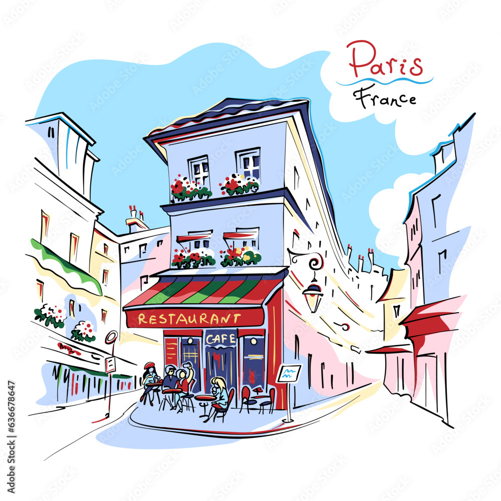 Vector colordrawing. Typical parisain restaurant on Montmartre, Paris, France. - obrazy, fototapety, plakaty 