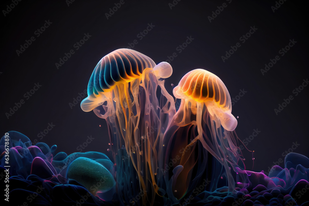 Many jellyfish swimming in dark ocean.