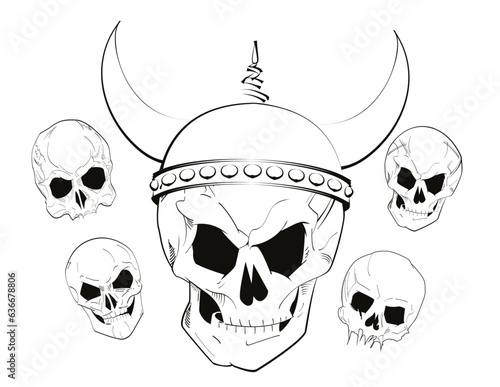 vector illustration of five viking skulls isolated on white 