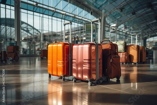 Luggage, suitcases in an airport at terminal hall, travel,vacation booking concept, AI Generative.