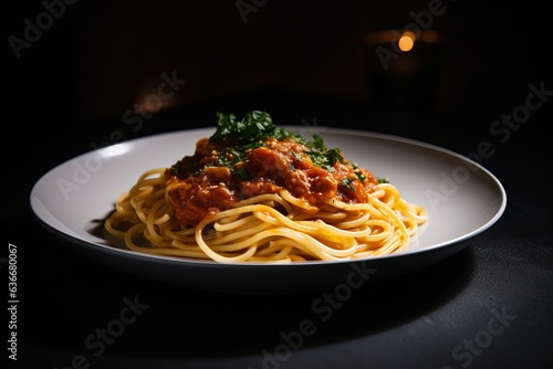 plate of spaghetti with meat sauce and parsley