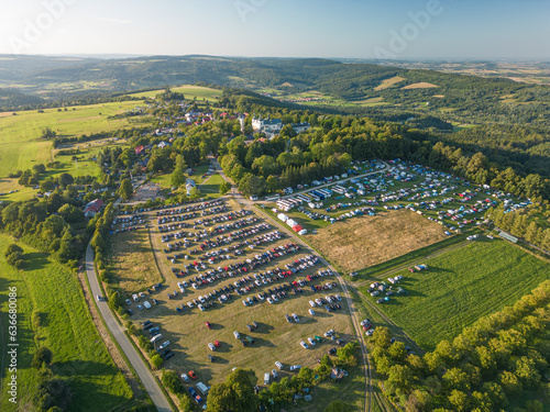 Aerial view of the field parking for cars and buses during the Great Indulgence of the Assumption of the Blessed Virgin Mary festival  Kalwaria Paclawska  Subcarpathian  Poland
