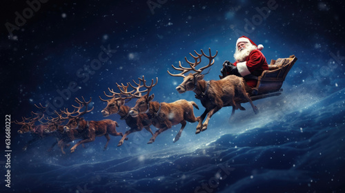 Photo Santa Claus is flying on a sleigh with reindeer