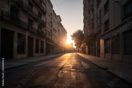 city street at sunset with the sun setting in the middle of the scene