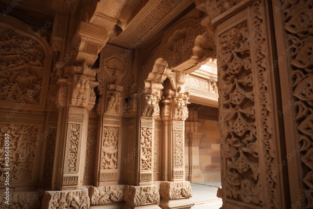intricately carved wall and pillars in a building 