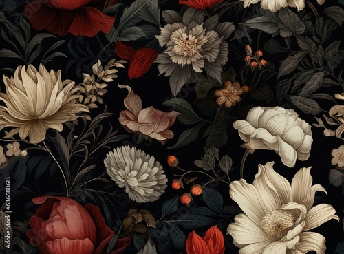 Vintage floral card. Beautiful garden flowers. Peonies, roses, tulips, lily, hydrangea on black background. SEAMLESS PATTERN. SEAMLESS WALLPAPER. Created with Generative AI technology.