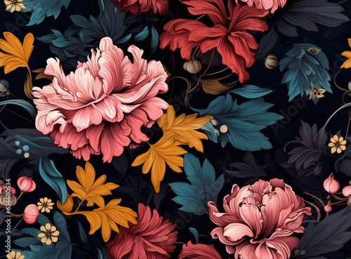 Vintage floral card. Beautiful garden flowers. Peonies, roses, tulips, lily, hydrangea on black background. SEAMLESS PATTERN. SEAMLESS WALLPAPER. Created with Generative AI technology.