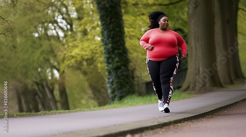 Beautiful overweight african american woman running outdoors in park. Fat lady jogging  Plus size fitness lifestyle. Weight Loss  Full length Shot