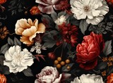 Vintage floral card. Beautiful garden flowers. Peonies, roses, tulips, lily, hydrangea on black background. SEAMLESS PATTERN. SEAMLESS WALLPAPER. Created with Generative AI technology.