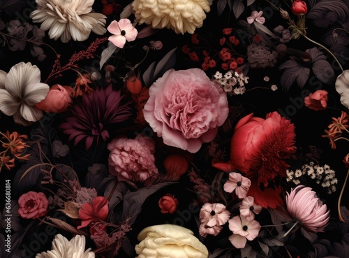 Vintage floral card. Beautiful garden flowers. Peonies, roses, tulips, lily, hydrangea on black background. SEAMLESS PATTERN. SEAMLESS WALLPAPER. Created with Generative AI technology.