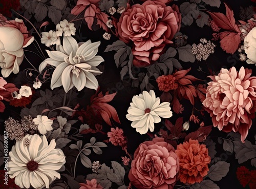 Vintage floral card. Beautiful garden flowers. Peonies, roses, tulips, lily, hydrangea on black background. SEAMLESS PATTERN. SEAMLESS WALLPAPER. Created with Generative AI technology.