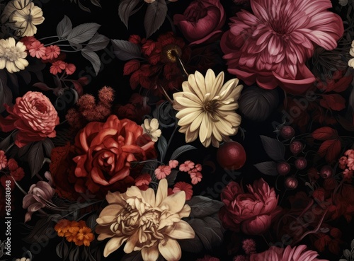 Vintage floral card. Beautiful garden flowers. Peonies, roses, tulips, lily, hydrangea on black background. SEAMLESS PATTERN. SEAMLESS WALLPAPER. Created with Generative AI technology.