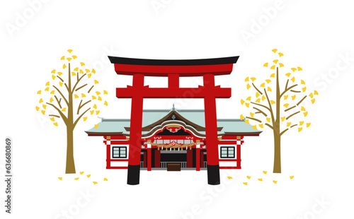 秋の銀杏と神社のイラスト　赤い鳥居