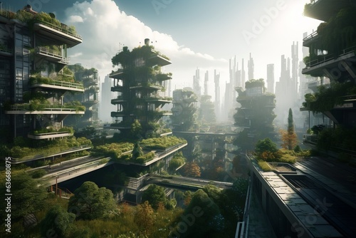 futuristic cityscape with towering buildings and lush greenery