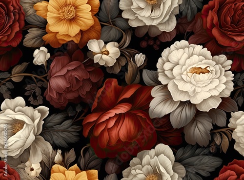 Vintage floral card. Beautiful garden flowers. Peonies, roses, tulips, lily, hydrangea on black background. SEAMLESS PATTERN. SEAMLESS WALLPAPER. Created with Generative AI technology.