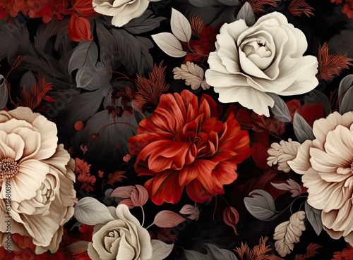 Vintage floral card. Beautiful garden flowers. Peonies, roses, tulips, lily, hydrangea on black background. SEAMLESS PATTERN. SEAMLESS WALLPAPER. Created with Generative AI technology.