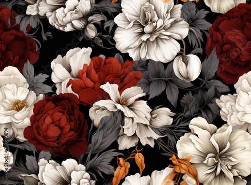 Vintage floral card. Beautiful garden flowers. Peonies, roses, tulips, lily, hydrangea on black background. SEAMLESS PATTERN. SEAMLESS WALLPAPER. Created with Generative AI technology.