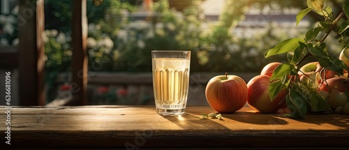 Apple harvest time. Glass of apple juice and ripe yellow apples in a crate on wooden table. Golden apples on the garden table Created with Generative AI technology.