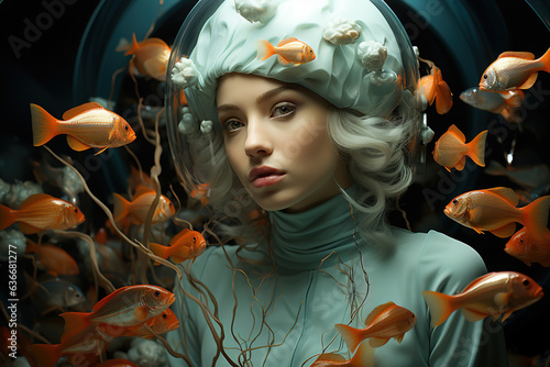 fashion blonde woman , surreal image with floating golden fishes. Generative Ai photo