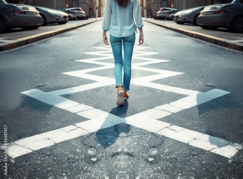 Businesswoman goes straight on his way on asphalt road Created with Generative AI technology.