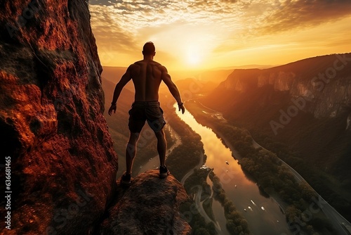 Muscular Man Grasping the Cliff's Edge, Suspended Against a Sunset Backdrop with a Serene River Below