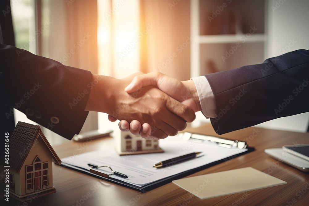 Obraz premium Real estate agent shakes hands with buyer after signing contract. Mortgage, mortgage and insurance.