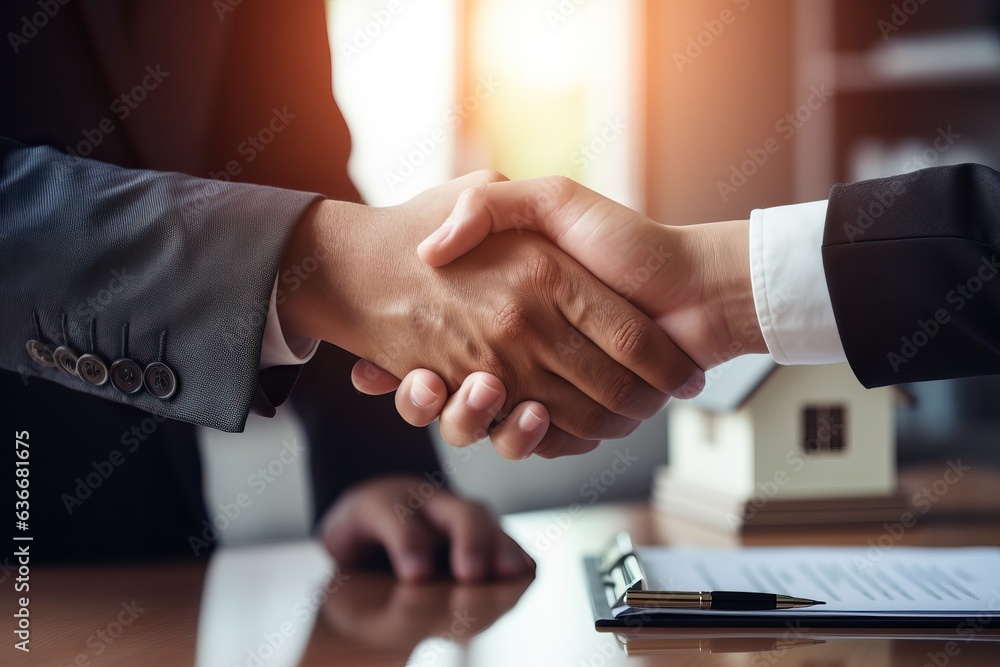 Real estate agent shakes hands with buyer after signing contract. Mortgage, mortgage and insurance.