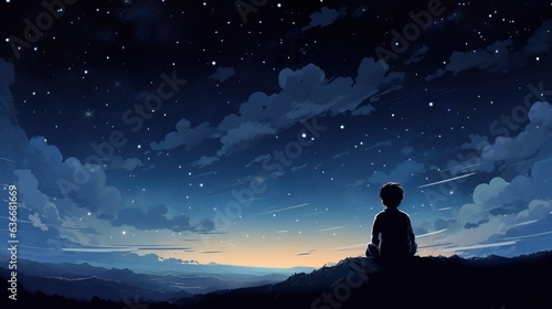 Illustration of a boy looking at night starry sky photo