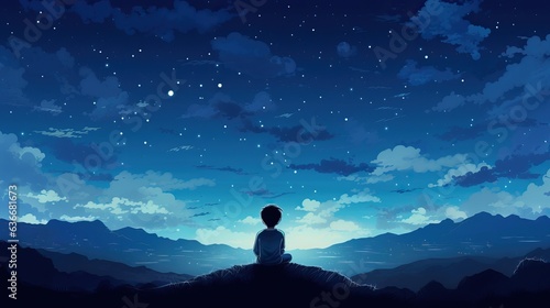 Illustration of a boy looking at night starry sky