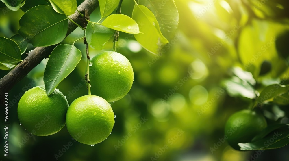 Green lime citrus hanging on a tree. Created using generative AI technology.