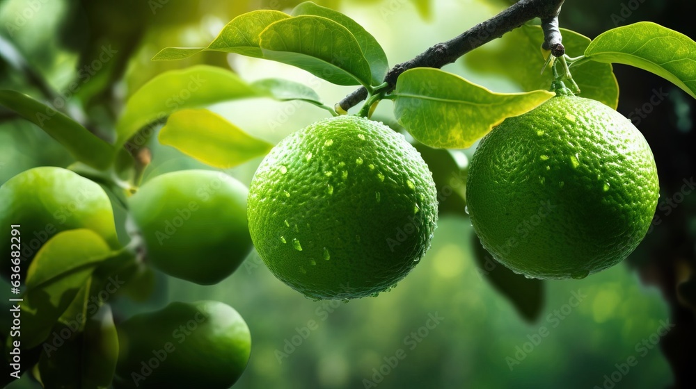 Green lime citrus hanging on a tree. Created using generative AI technology.