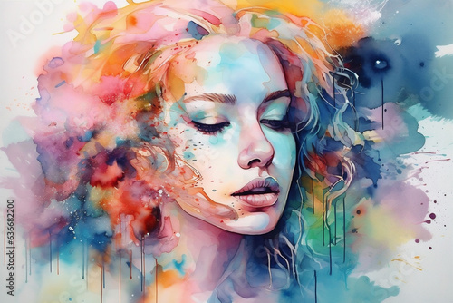 woman style hand colourful portrait lip face art watercolor beauty illustration. Generative AI.
