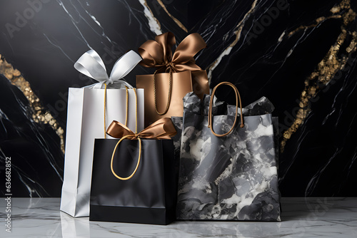 stylish shopping bag surrounded by gift box with copy space photo