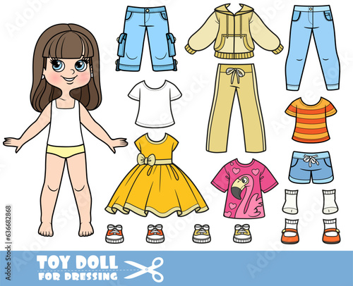 Cartoon brunette girl  and clothes separately -   long sleeve, shirts, dress, sandals, jacket, shorts, tracksuit, jeans and sneakers doll for dressing