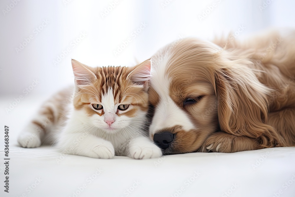 Friendly Dog spaniel puppy hugs cute kitten. Pets sleep together under white warm blanket on a bed at home Created with Generative AI technology.