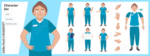Illustration of female nhs medical doctor nurse, wearing blue outfit in a set of multiple poses. Easy to edit with editable line strokes and isolated on white background. Suitable for animation.