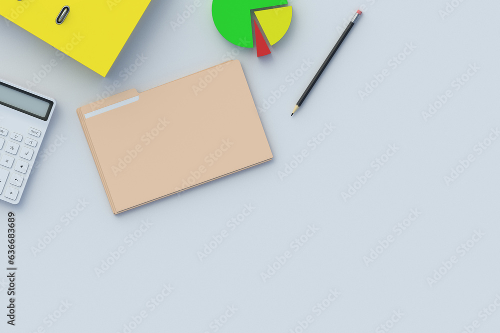 Paper folders near calculator and chart on work table. Financial report. Accounting report. Business paperwork. Bureaucracy and documentation. Analytical data. Top view. Copy space. 3d render Paper folders near calculator and chart on work table. Financial report. Accounting report. Business paperwork. Bureaucracy and documentation. Analytical data. Top view. Copy space. 3d render