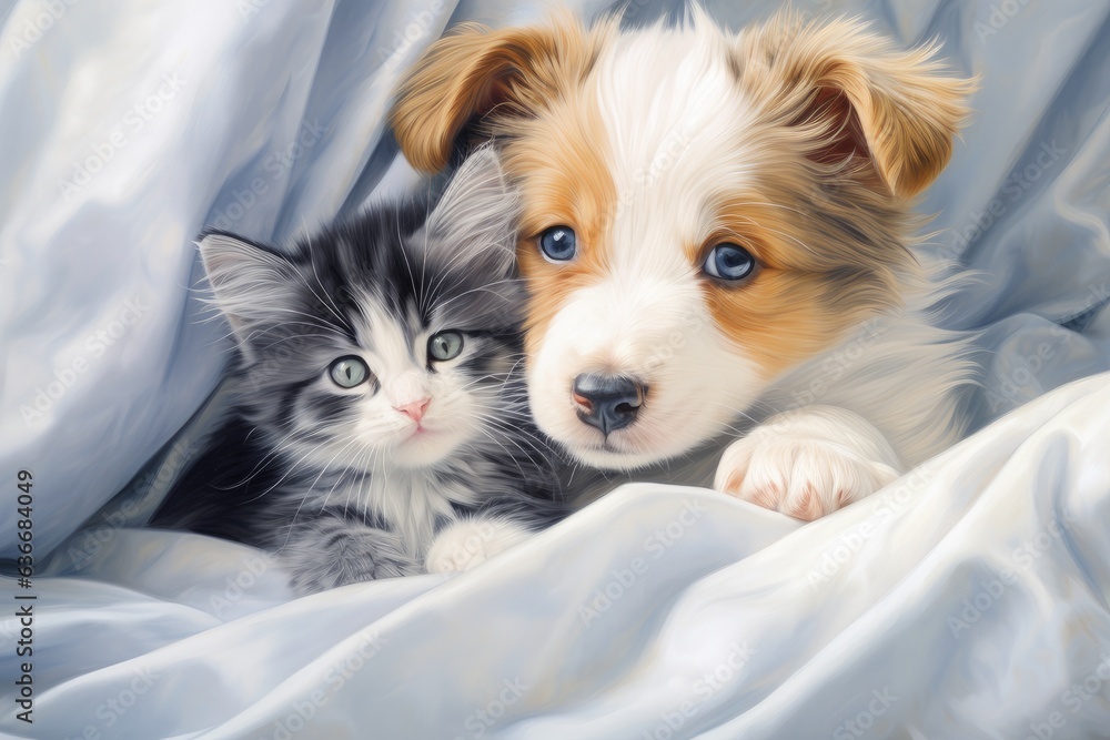 Friendly Dog spaniel puppy hugs cute kitten. Pets sleep together under white warm blanket on a bed at home Created with Generative AI technology. Friendly Dog spaniel puppy hugs cute kitten. Pets sleep together under white warm blanket on a bed at home Created with Generative AI technology.