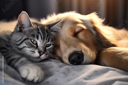 Friendly Dog spaniel puppy hugs cute kitten. Pets sleep together under white warm blanket on a bed at home Created with Generative AI technology.