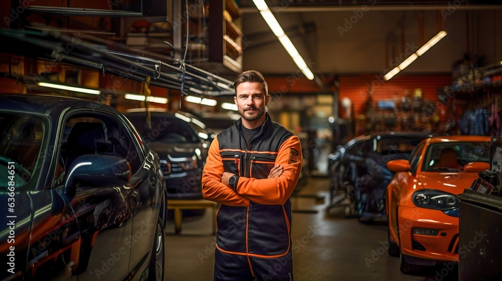 Professional mechanic in a modern car repair , generative ai