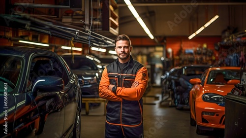 Professional mechanic in a modern car repair , generative ai